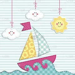 贴花,可爱的,贺卡,纺织品,太阳,海洋,云,船,接力赛,充气筏
