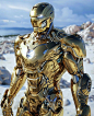 an iron man is standing in the snow