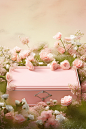 the photograph of a pink box and flowers, in the style of expansive, pale palette, storybook-esque, photobashing, flat surfaces, lush and detailed, sleek