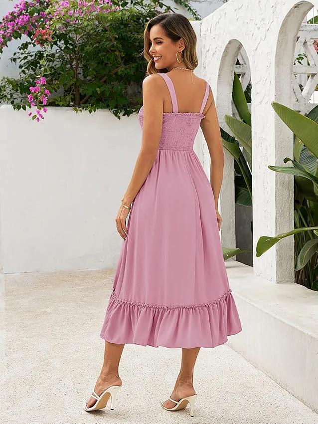 Solid Color Ruffled Straps Smocked Ruched Maxi Dress main image 0