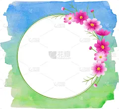 圆形框架粉红渐变宇宙，花环，蓝绿色水彩画背景，秋天形象