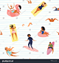 Hand drawn seamless vector pattern with happy young people in the sea swimming surfing sunbathing on a waves background. Flat style design illustration. Concept for textile print wallpaper paper__正版图片_视频_字体_音乐素材交易平台_旗下品牌