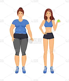 女人胖和运动女士矢量插图