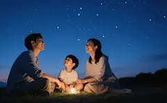 温馨的一家三口一起看星星