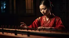 (2/4)年轻女子穿着传统服装，在黑暗的房间里演奏一种古老的东方乐器，以国家地理照片的风格呈现，传统越南风格，明朝时期，柔和、浪漫的场景，红色和青铜色，明亮而梦幻的场景，写实风格的场景(AI绘图来自WeDraw.art)