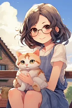 人与猫咪合照萌宠插画