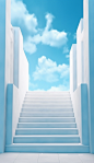 some white stairway leads to a sky blue sky, in the style of minimalist collages, zen minimalism, installation creator, cloudcore, realistic depiction of light, minimalist purity, minimalist sculptor