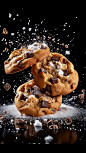 Food photography, delicious chocolate chip cookies, black background, studio lighting, depth of field, photorealistic, wooden board, sprinkled powdered sugar, epic composition