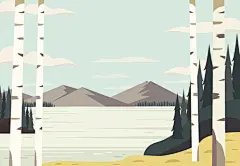 扁平化风景手绘风景风景剪影森林山川河流精美风景插画矢量素材-淘宝网