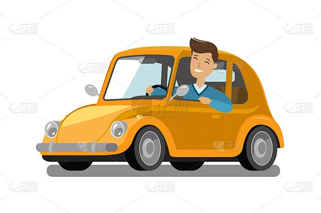 快乐的男司机开车。驾驶，旅行，出租车概念。卡通矢量图素材-花瓣网