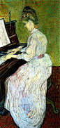 在弹钢琴的玛格丽特·嘉舍 1890『这幅画是6月底作的, 图中少女依然是玛格丽特·嘉舍。梵高在信中写道:"…那是画着粉红色的衣服, 绿底橙色点背景的墙壁, 又有红底绿格的地毯, 深紫色的钢琴, 长1米, 宽50厘米的画布。"他表示, 作这幅人特画很愉快。他又说明这幅细长的画与画麦田的横长的画很相配, 后者的淡绿与黄绿, 恰好与粉红成补色, "自然界的这一片与另一片之间, 有互相吸引的不可思议的关系。"他一方面把自然界的神秘关系, 由色彩与形状置换成象征关系, 另一方