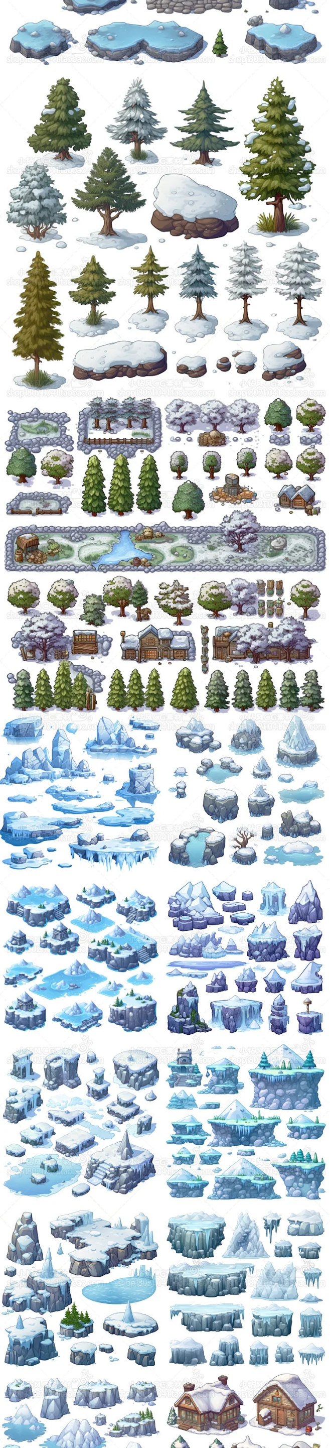 Q版卡通雪景素材 游戏场景雪地房屋建筑树木元素美术资源png透明-花瓣网