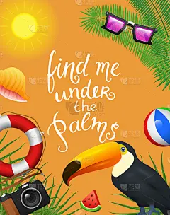 航海夏天卡片。海边度假。热带植物和鸟类，相机和锚，奶昔，躺椅，巨嘴鸟和鹦鹉。海报或背景。复古的旅行。