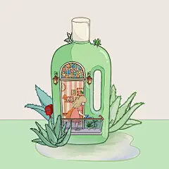 芦荟：一瓶一世界 创意联想原创插画 
灵感来源：滴露芦荟消毒液