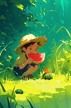 AI数字艺术夏季吃西瓜卡通插画