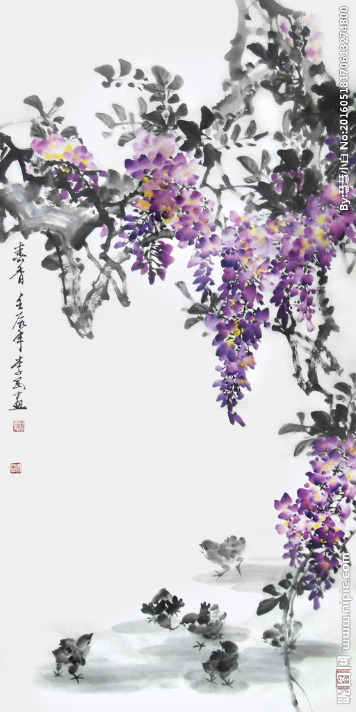 中国の花鳥画 「開到紫藤芳事盡」水墨画 肉筆画真跡保証あります R-10101 中国の花鳥画 開到紫藤芳事盡 水墨画 肉筆画真跡保証あります R