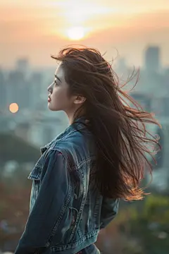 遥望远方美丽女孩背影