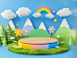 3D rendering in a cartoon style for a children's background podium design featuring a blue sky and green grass in the foreground, with a colorful wood circle platform for product display surrounded by mountains, trees, flowers, and small clouds.  The them