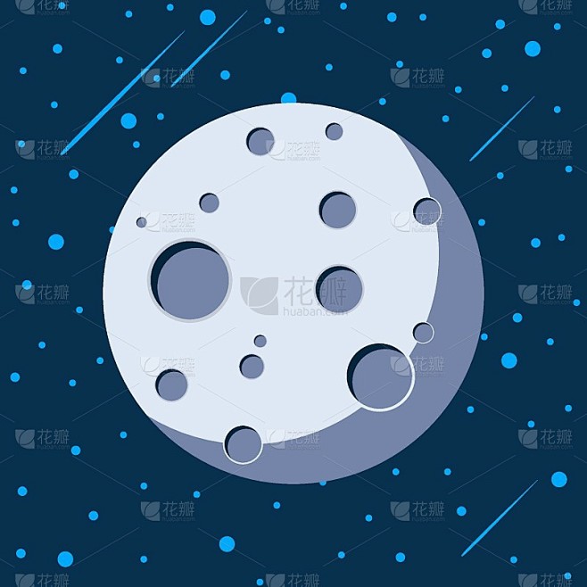 卡通月亮在晚上与星星和彗星。月球陨石坑。深夜暗天空背景