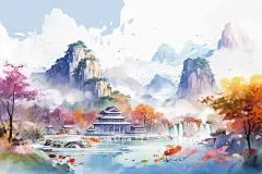 枫叶红叶植物水墨风秋天秋季自然风景插画