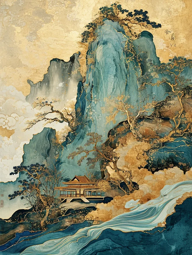 鎏金山水画海报-花瓣网