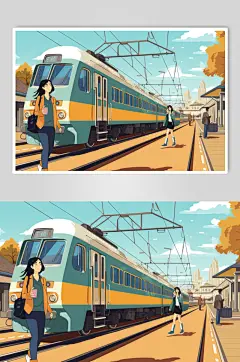 AI数字艺术春运旅客出行高铁站台插画