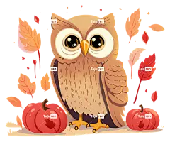 秋叶—秋猫头鹰坐在被树叶包围的南瓜上