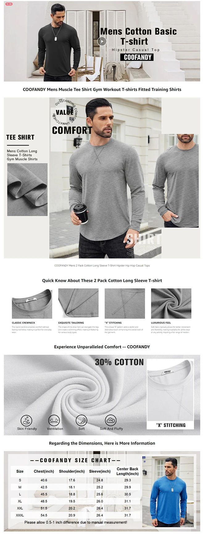 Mancozy 2-Pack Long Sleeve T-Shirts For Men - Oversized Hip Hop Style, Casual Crewneck Tees (2X-Large) - View #2