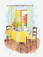 餐桌手绘高清素材 创意 水彩 窗帘 餐桌 免抠png 设计图片 免费下载