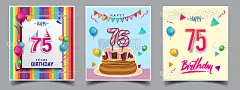 矢量组生日邀请，贺卡设计，与五彩纸屑和气球，生日蛋糕，彩色矢量模板元素为您的生日庆祝会。