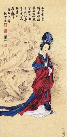 贾元春: 喜荣华正好，恨无常又到。眼睁睁，把万事全抛。荡悠悠，芳魂销耗。望家乡，路远山高。故向爹娘梦里相寻告：儿命已入黄泉，天伦啊，须要退步抽身早！（陈彦鹅工笔十二钗）