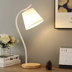 Qfdian father's day gifts Nordic Wooden Art Iron LED Fashion Simple Desk Lamp Eye Protection Dimming Fabric lampshade Table Lamp Living Room Home Decor Black A-Cool White-US Plug