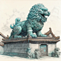 中式建筑设计，石狮子