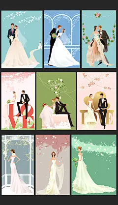 矢量卡通新郎新娘礼服婚纱照插画设计