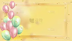 向量3D气球飞行与金色框架在黄色的背景，现实的氦气气球在粉红色和绿色柔和的浮动，为生日派对，生日，婚