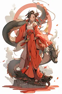 水墨古装红衣少女古风女孩和龙插画