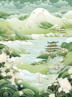 中国传统图案背景，雨季大雨燕子飞舞远方山水海报