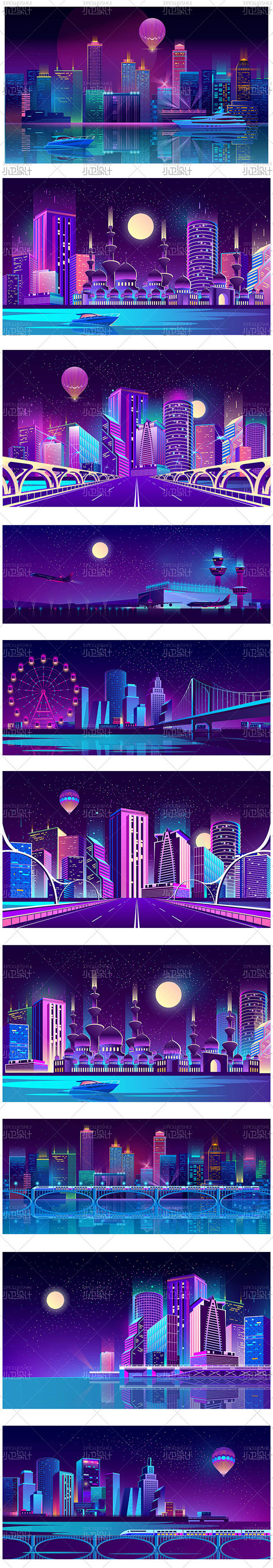 城市夜景轮廓扁平卡通街道高楼大厦风景灯光...