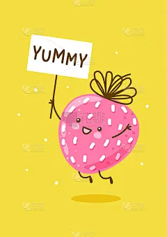 Cute happy strawberry with paper card on yellow