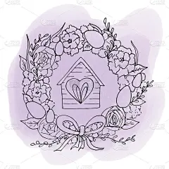 彩绘的复活节花环上装饰着彩蛋、彩带和有窗户的房子。矢量插图的风格线艺术手绘孤立的黑色线在淡紫色水彩背