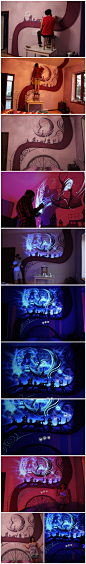 一个叫 Keti Sidamonidze的姑娘请艺术家给自己房间画的荧光画，关了灯各种梦幻的样子