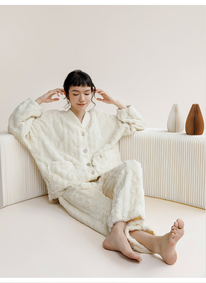 红豆女士睡衣珊瑚绒加厚提花秋冬法兰绒20...