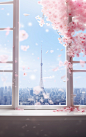 A window to a tower, in the style of cherry blossoms, soft, dream-like quality, dazzling cityscapes, japanese-inspired imagery, light and airy, light azure and white, soft and dreamy atmosphere