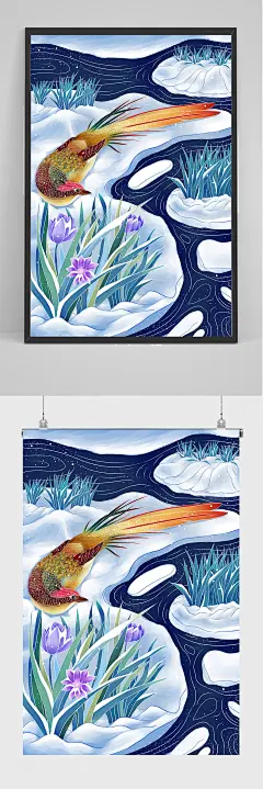手绘冬季河边动物插画设计