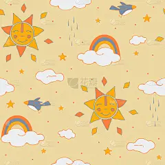 无缝矢量图案与快乐的太阳和彩虹在粉红色的背景。可爱的天空壁纸设计的孩子。婴儿淋浴时尚纺织品。