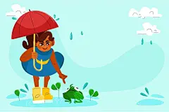 矢量卡通手绘雨季小女孩撑雨伞青蛙云朵白云水珠滴水下雨