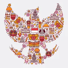 印尼巴厘岛日本美国传统文化元素插画