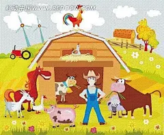 农夫和他的动物们在农场草地|插画|动物|鹅|风车|公鸡|谷仓|花|卡通|卡通人物|卡通人物图片|马|漫画人物|绵羊|母鸡|牛|农场|农夫|农舍|人物素材|人物图片|山羊|矢量人物|树|拖拉机|猪