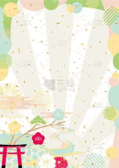 日本新年背景几何图案和鲜花
