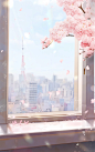 A window to a tower, in the style of cherry blossoms, soft, dream-like quality, dazzling cityscapes, japanese-inspired imagery, light and airy, light azure and white, soft and dreamy atmosphere